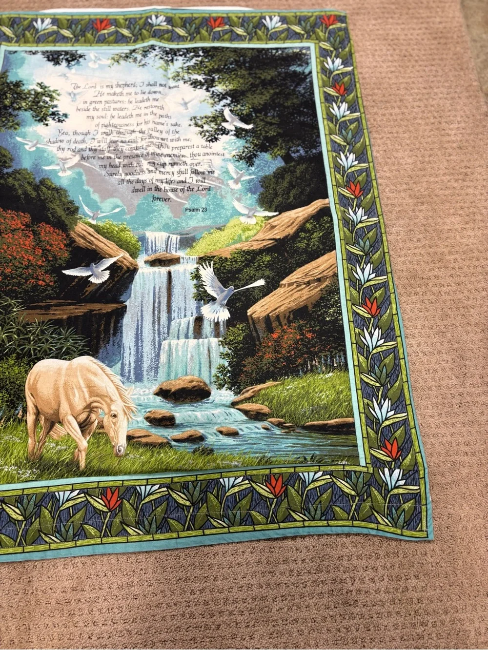 Hand Crafted Multicolor Waterfall Tapestry with Horse and Doves